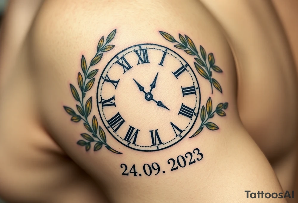 A Roman numeral clock surrounded by olive branches, with baby´s name "Erik" and birth date "24. 09. 2023 in muted green and gold tattoo idea