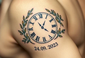 A Roman numeral clock surrounded by olive branches, with baby´s name "Erik" and birth date "24. 09. 2023 in muted green and gold tattoo idea