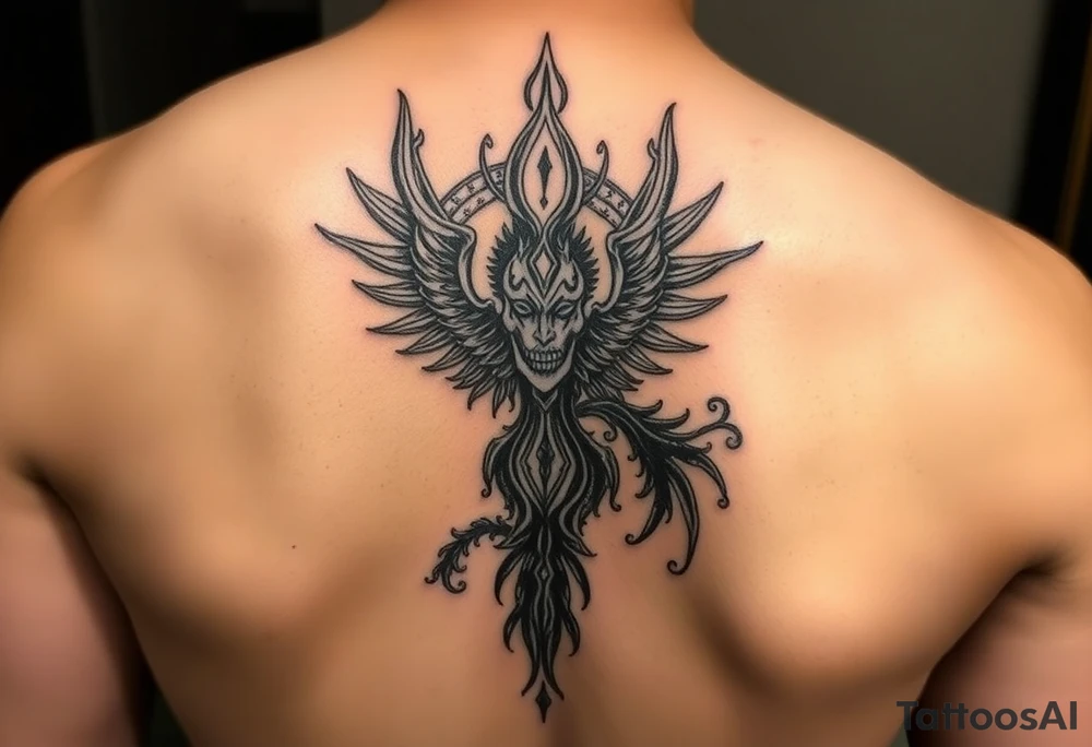 Sak yant Thai tattoo that allows me to access all my powers and magick such as immortality granting immortality to those I ressurect with my blood and creating new magick or allows me to craft new magick grants me telekinesis telepathy allows me to move through shadow to shadow allows me to jump in shadows into the shadow world and move through it allows me to control other people and gods or anyone's magic and body through phychic control as well as seeing spirits and other entities of higher and lower vibrations not seen with naked eyes as well as allows me to communicate with them as azura kaluk mizuzu a supreme one or the Lord of lords he who is the supreme reflection of she who is the Lord of the eternal flame tattoo idea
