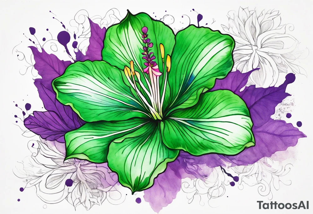 An outline of a green rio dipladenia flower and a green/purple watercolor splash in the background tattoo idea