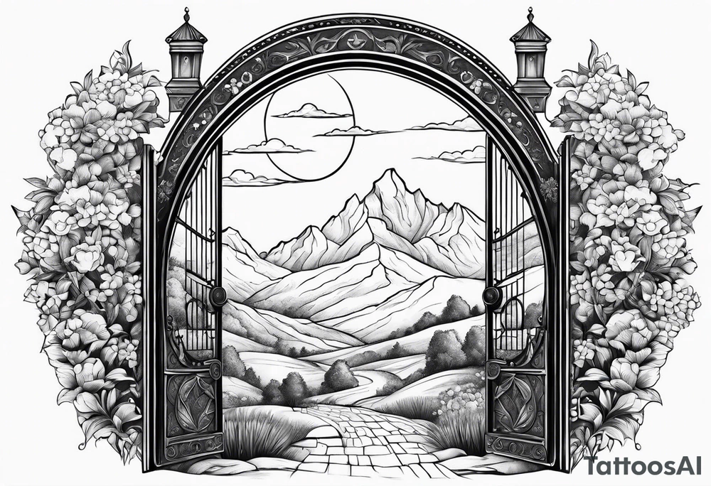 night medieval town mountains garden gate entrance
in circle vignette surrounded by clouds floral tattoo idea
