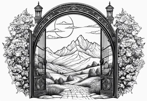 night medieval  town mountains garden gate entrance 
 in circle vignette surrounded by clouds floral tattoo idea