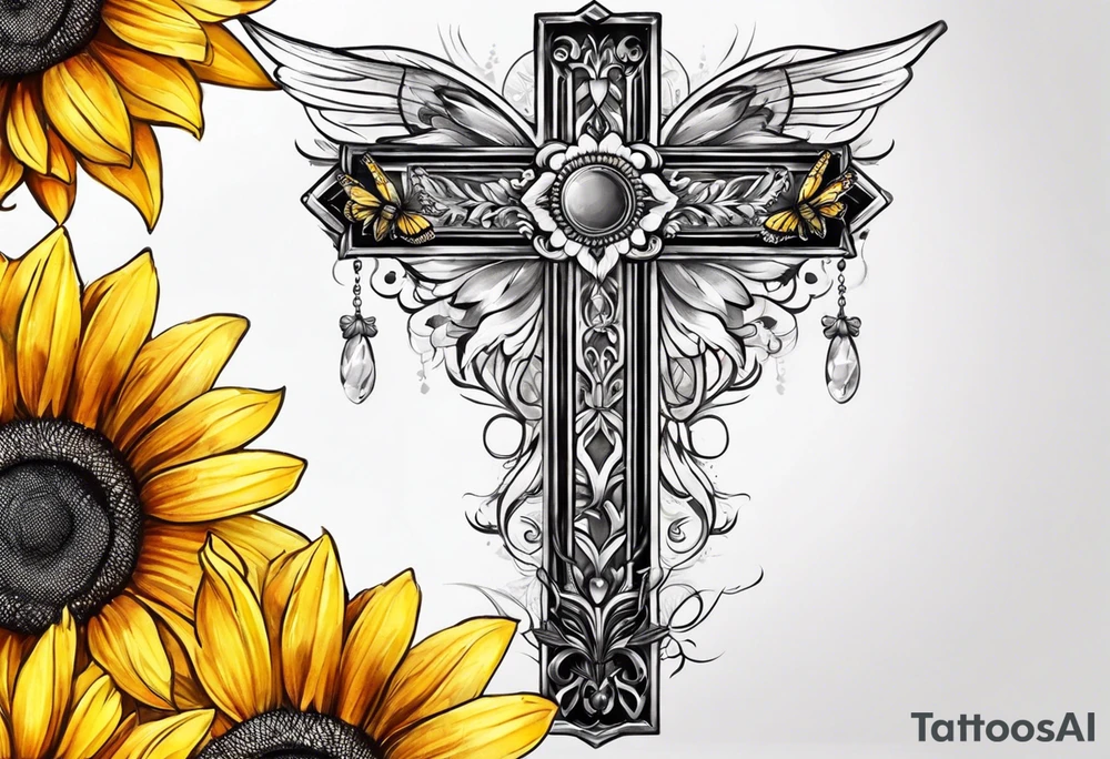 Winged cross with sunflower flowers and butterflies calf sleeve tattoo idea