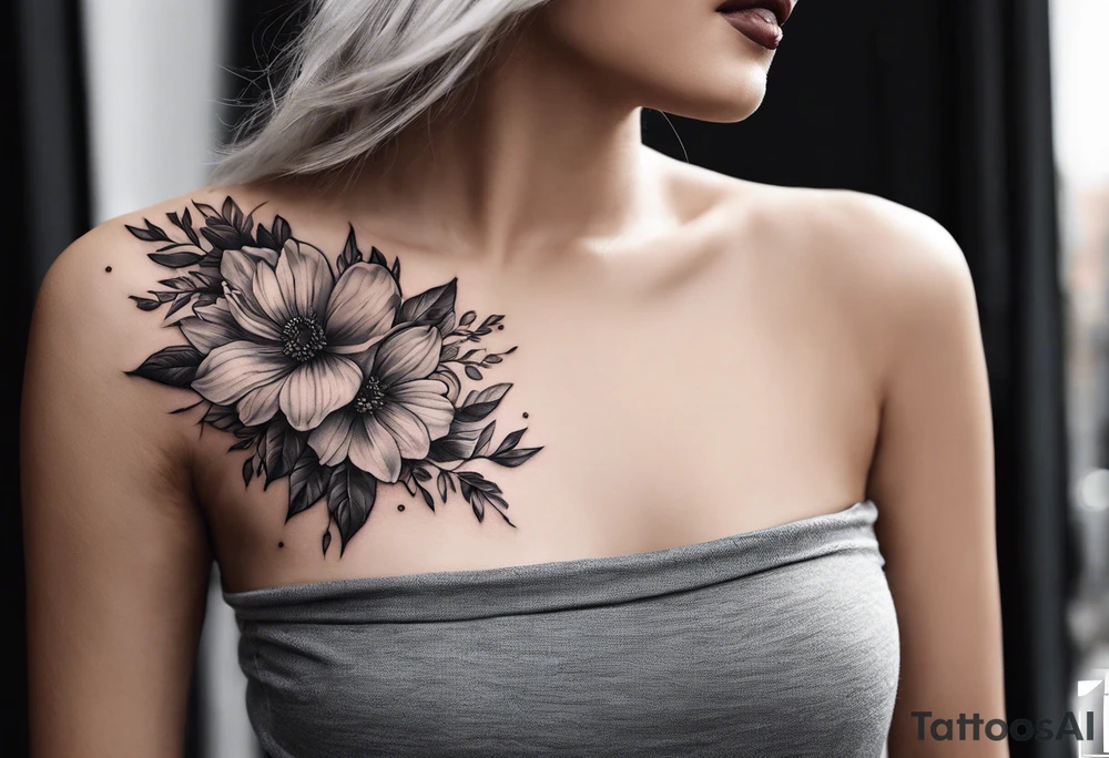 shoulder tattoo that have flowers, leaves, stems that go down the back, down the side arm, and towards the collarbone. i also want “no rain no flowers” included somewhere tattoo idea