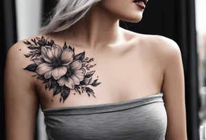 shoulder tattoo that have flowers, leaves, stems that go down the back, down the side arm, and towards the collarbone. i also want “no rain no flowers” included somewhere tattoo idea