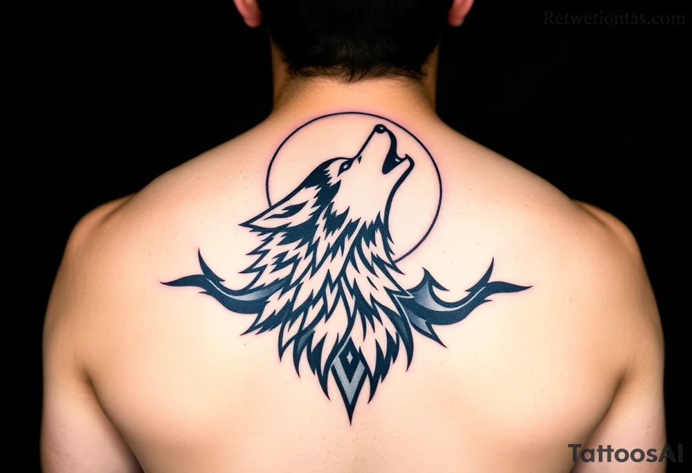 lone wolf howling at full moon with northern lights backdrop tattoo idea