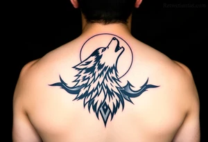 lone wolf howling at full moon with northern lights backdrop tattoo idea