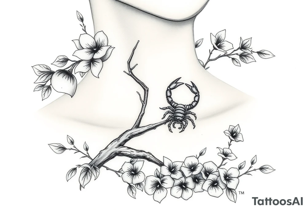 Ethereal ethnic woman forming a blossoming peach tree with a Scorpio on a branch with morning glories & cosmo flowers underneath tattoo idea