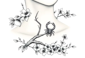 Ethereal ethnic woman forming a blossoming peach tree with a Scorpio on a branch with morning glories & cosmo flowers underneath tattoo idea