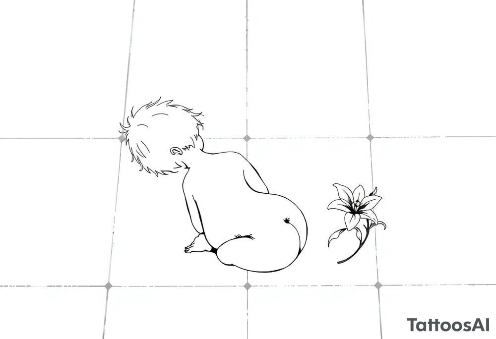 A simple tile floor with a minimalist outline of a curled up child sitting on the floor with a lily next to her tattoo idea