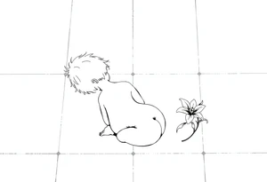 A simple tile floor with a minimalist outline of a curled up child sitting on the floor with a lily next to her tattoo idea
