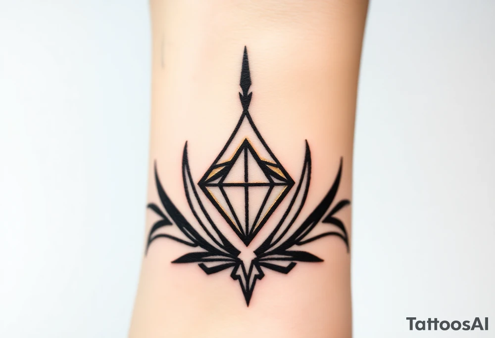 A single, large diamond centered within a sleek, minimalist crown, outlined in fine black ink with a subtle gold shadow to add depth. tattoo idea