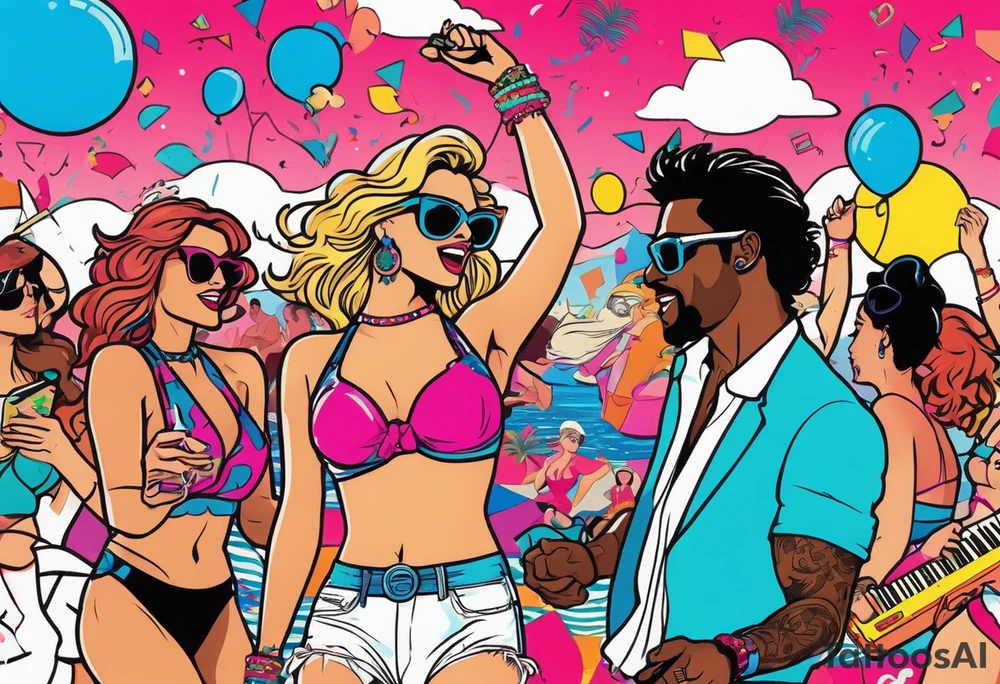 1980's miami vice style beach dance 
party, include confetti, music notes, boom box, bikinis tattoo idea