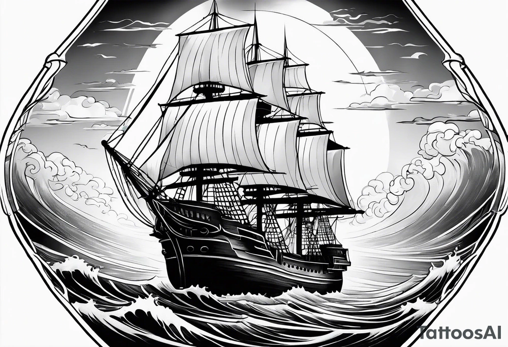 huge ship hitting in the sea with sun on the sky
without many details tattoo idea