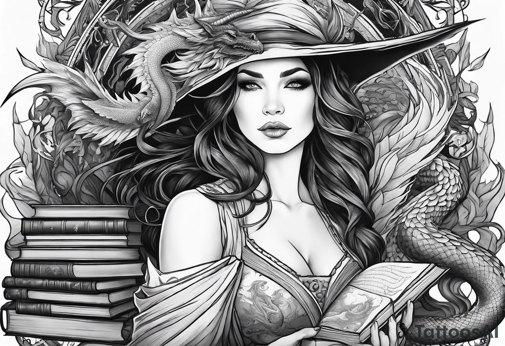 Witch surrounded by books and dragon tattoo idea Witch surrounded by books and dragon tattoo idea