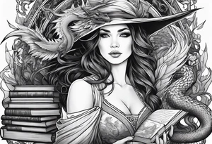 Witch surrounded by books and dragon tattoo idea