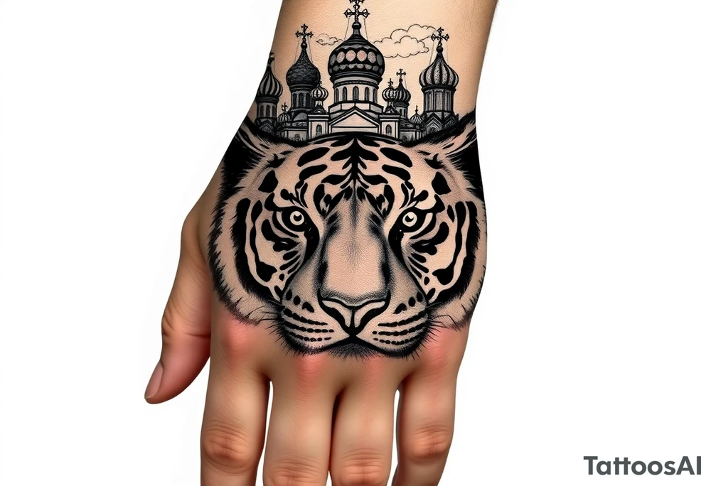 Realistic tiger face on the back of the hand with strong contrast and fine detail with hollow black eyes. with a highly detailed Russian Orthodox cathedral sitting above on fore arm with onion domes and orthodox crosses, done in fine line, engraving-like style. Cohesive composition, black ink only, no color, high contrast, slightly aged, documentary-style, plain light background. with clouds above and a virgin mary 
spanning from my hand to lower fore arm tattoo idea
