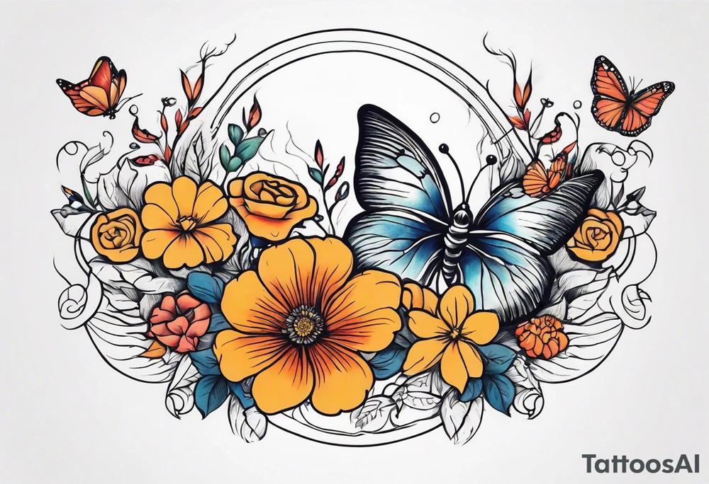 rib bones with flowers surrounding it and butterflies tattoo idea