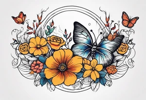 rib bones with flowers surrounding it and butterflies tattoo idea