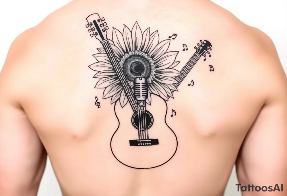 sunflower with guitar angling behind with music notes flowing through with a
 microphone tattoo idea