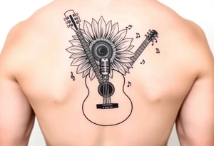 sunflower with guitar angling behind with music notes flowing through with a
 microphone tattoo idea