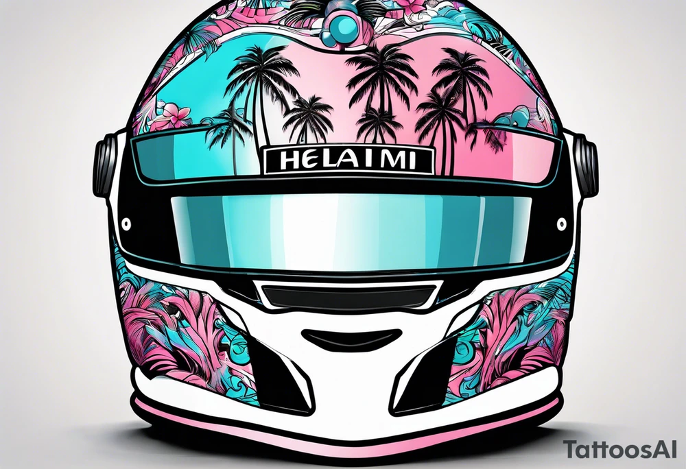Formula 1 helment with the Miami name a palm tree and light blue black and pink colors tattoo idea
