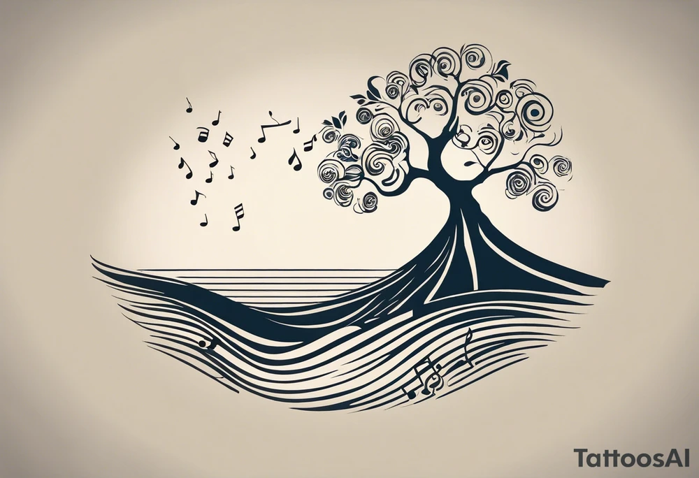 an abstract Tree of Life tattoo. It should have roots growing out of the bottom. The roots slowly turn into water from the Great Wave by Hokusai. A golf flag should be placed discreetly growing out of the ground. 2 license plate tags should be hanging from the tree. Place a few music notes in the areas the leaves should be. The letters A U should be engraved into the tree trunk in a heart. tattoo idea