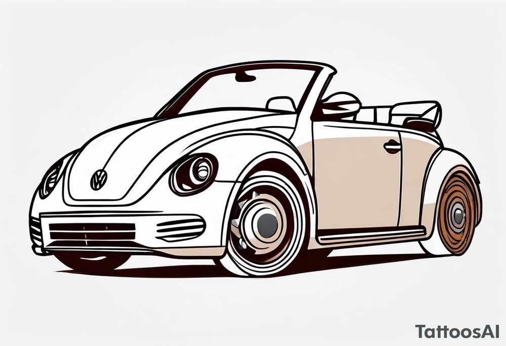 VW beetle convertible, side profile, top-down, modern, linework, minimal, no shadow, no solid shading, brown lines, thin lines tattoo idea
