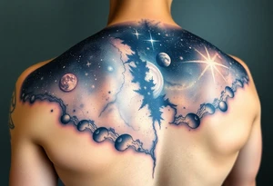 Beautiful and epic 3d milky way that appears to be what is beneath the skin. Make it drape over the shoulder and move to the middle back. use negative spaces to create planets and stars. tattoo idea