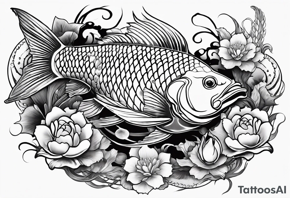 koi fish main focus, deer gourd crab chicken and shrimp on side tattoo idea