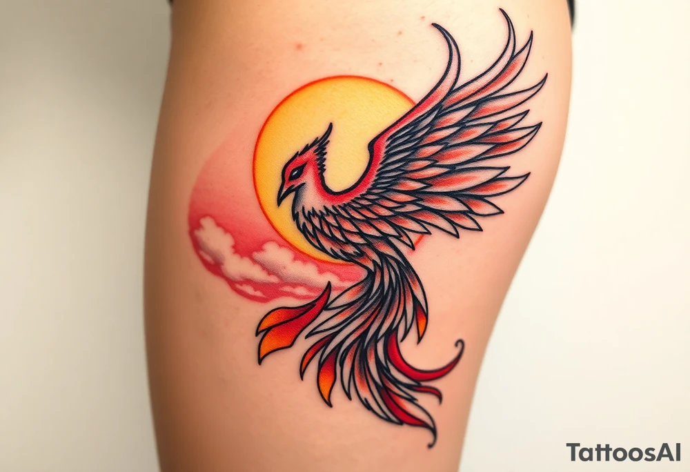 magnificent  phoenix rising from flames with trailing embers  and golden sunset and sky with puffy clouds and heaven backdrop tattoo idea