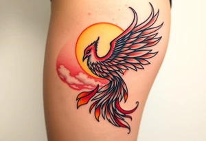 magnificent  phoenix rising from flames with trailing embers  and golden sunset and sky with puffy clouds and heaven backdrop tattoo idea