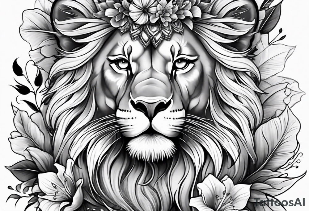 Lioness covered in feathers lilies and butterflies tattoo idea