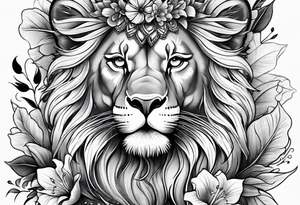 Lioness covered in feathers lilies and butterflies tattoo idea