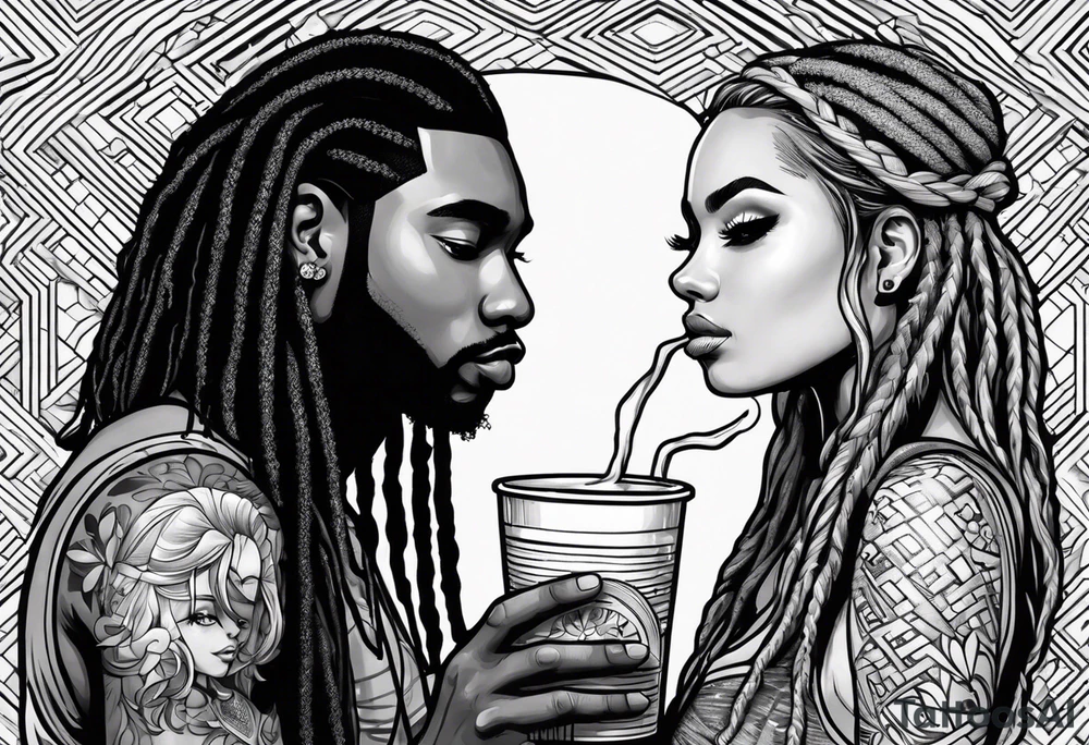 Black guy with dreads inside a foam cup with two girls tattoo idea