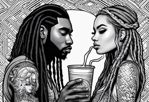 Black guy with dreads inside a foam cup with two girls tattoo idea