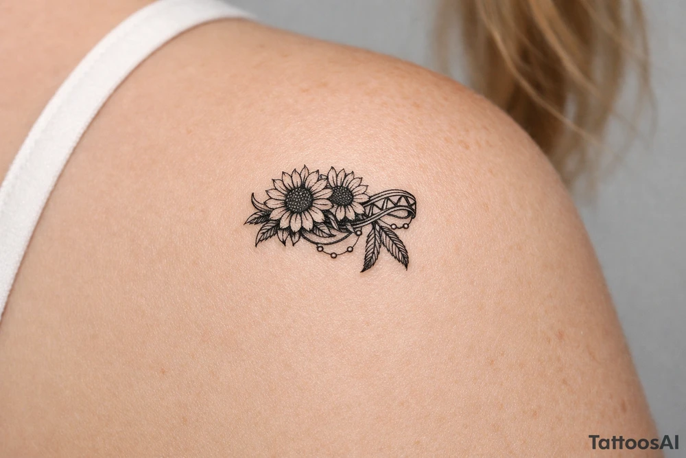 sunflowers with feathers and female Indian tribal ribbon tattoo idea