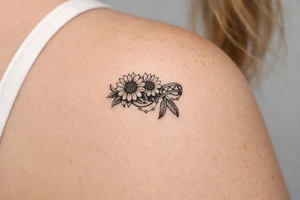 sunflowers with feathers and female Indian tribal ribbon tattoo idea