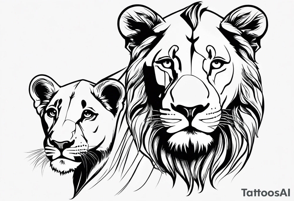 Moitié du visage lion avec son bebe lionne avec trait super fin tattoo idea