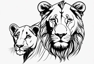 Moitié du visage lion avec son bebe lionne avec trait super fin tattoo idea
