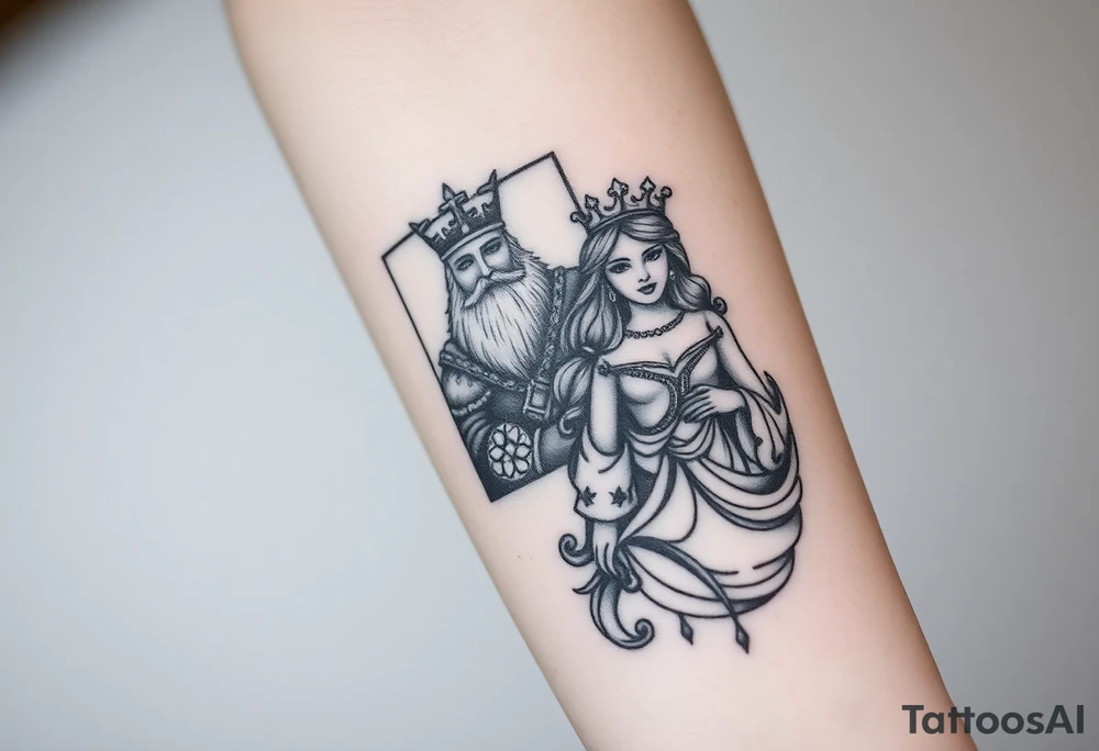 King's card as an old warrior and queen's card as a beautiful woman, more realistic tattoo idea