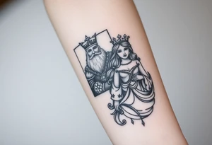 King's card as an old warrior and queen's card as a beautiful woman, more realistic tattoo idea