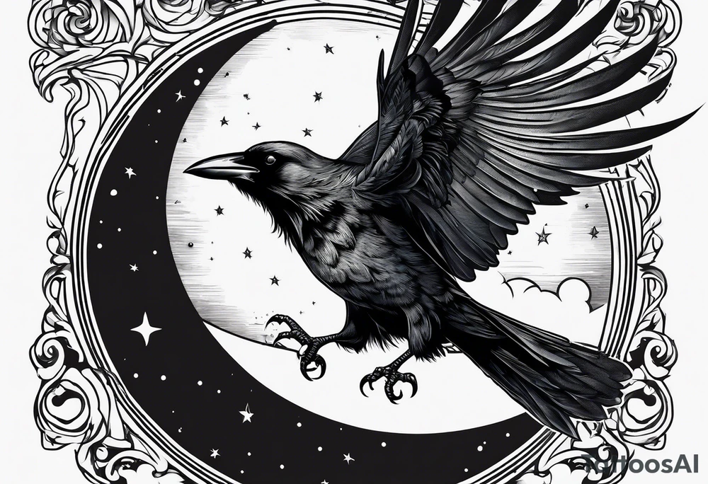 Crow with a candle mid flight with the crescent moon in the background tattoo idea