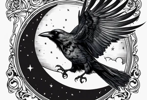 Crow with a candle mid flight with the crescent moon in the background tattoo idea