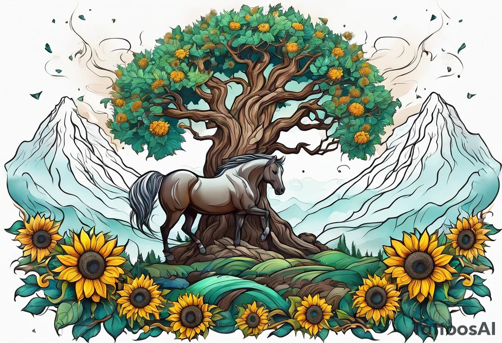 Yggdrasil tree, horse, sunflower tattoo idea