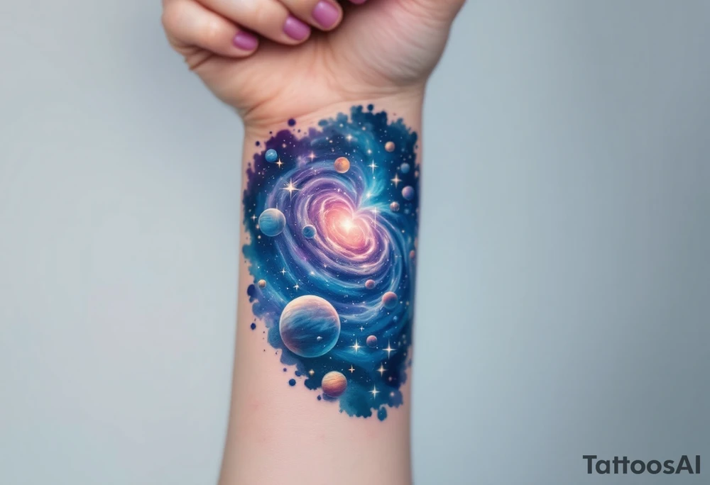 A galaxy scene with stars and planets swirling in deep blue and violet, evoking cosmic freedom. tattoo idea