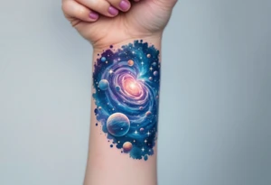 A galaxy scene with stars and planets swirling in deep blue and violet, evoking cosmic freedom. tattoo idea