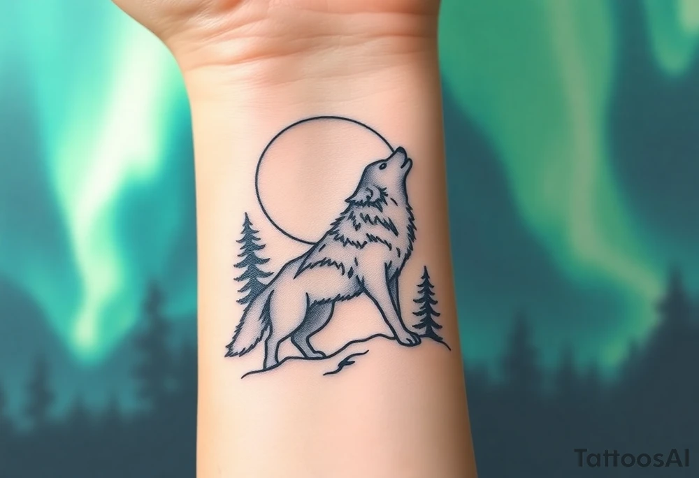 lone wolf howling at full moon with northern lights backdrop tattoo idea