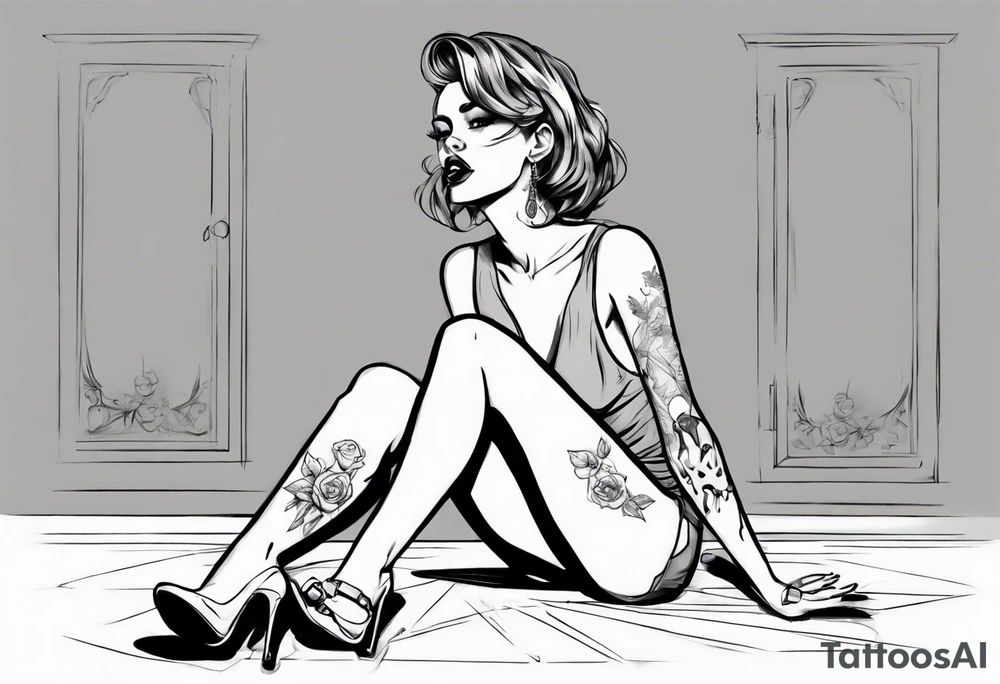 A girl in heels sits on the floor with her legs wide open tattoo idea