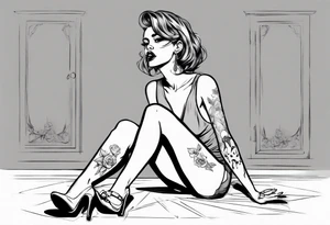 A girl in heels sits on the floor with her legs wide open tattoo idea